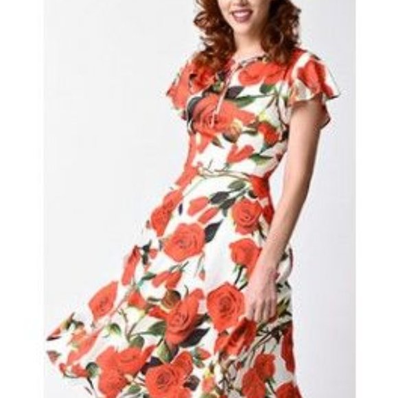 Unique Vintage Rose Red summer dress tea-length - Picture 1 of 4